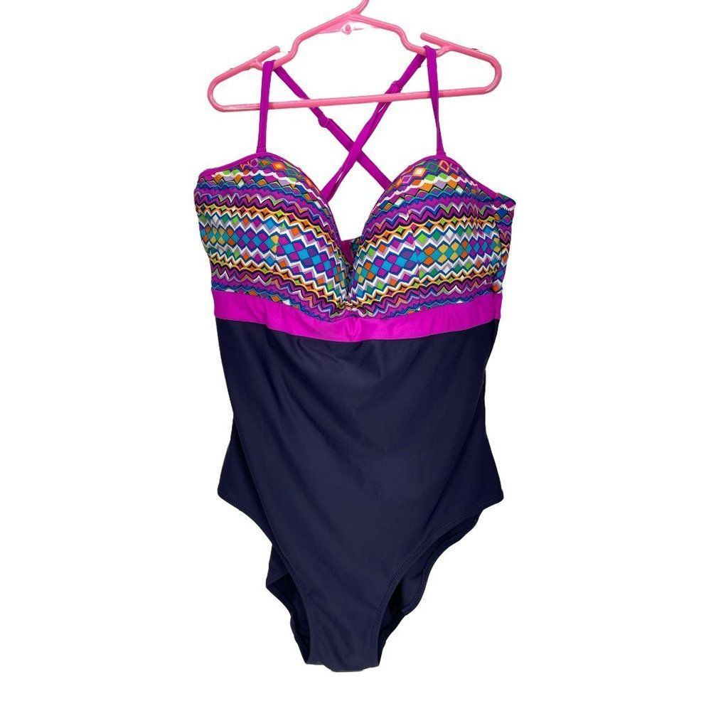 Ysabel Mora Women One‎ Piece Pink Blue Geometric Design Swimsuit Swim Wear SZ 16